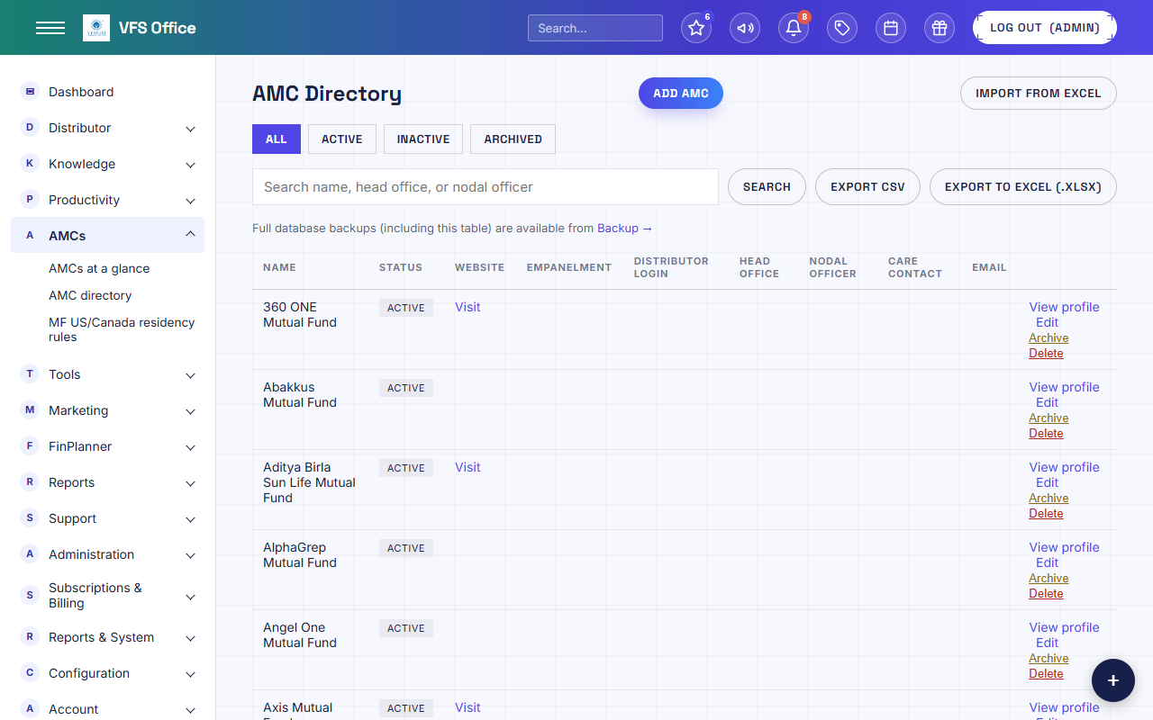 A screenshot of the AMCs area inside VFS Office